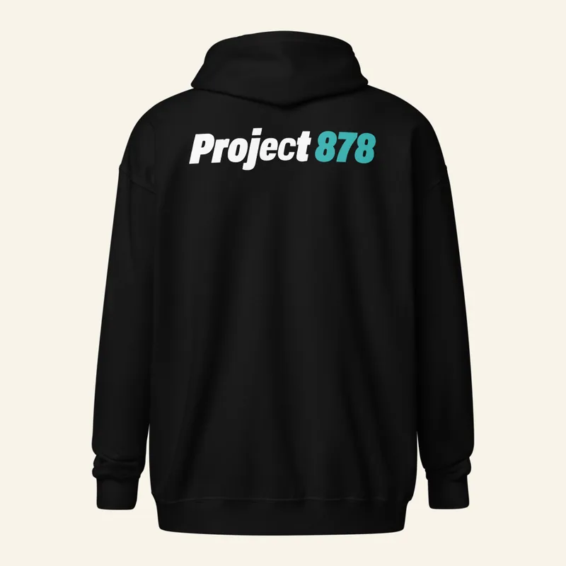 Black zip hoodie, back, with a large Project 878 logo