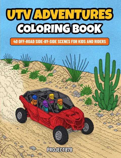 Cover of UTV Adventures Coloring Book: a red four-seat side-by-side kicking up dust on a desert trail
