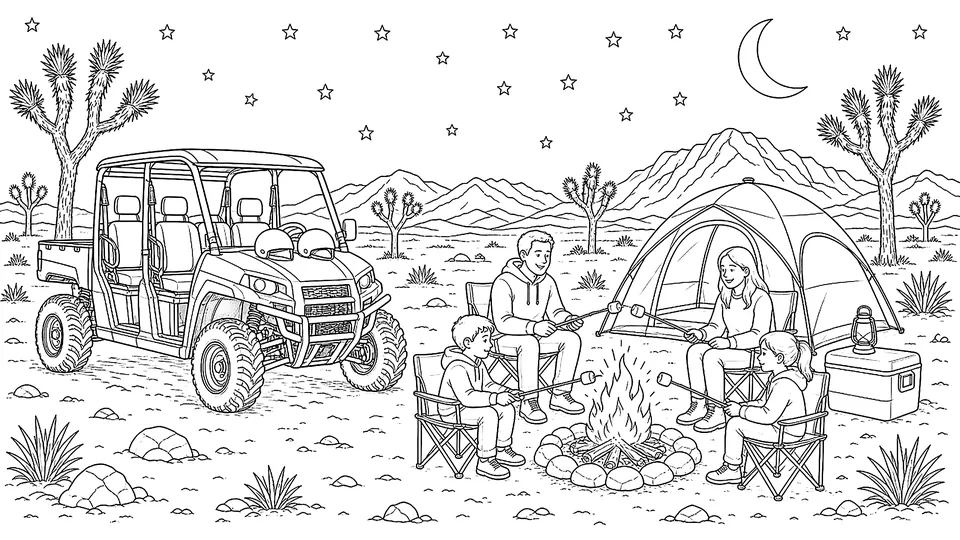 Sample page: a family roasting marshmallows at a desert campsite next to their side-by-side