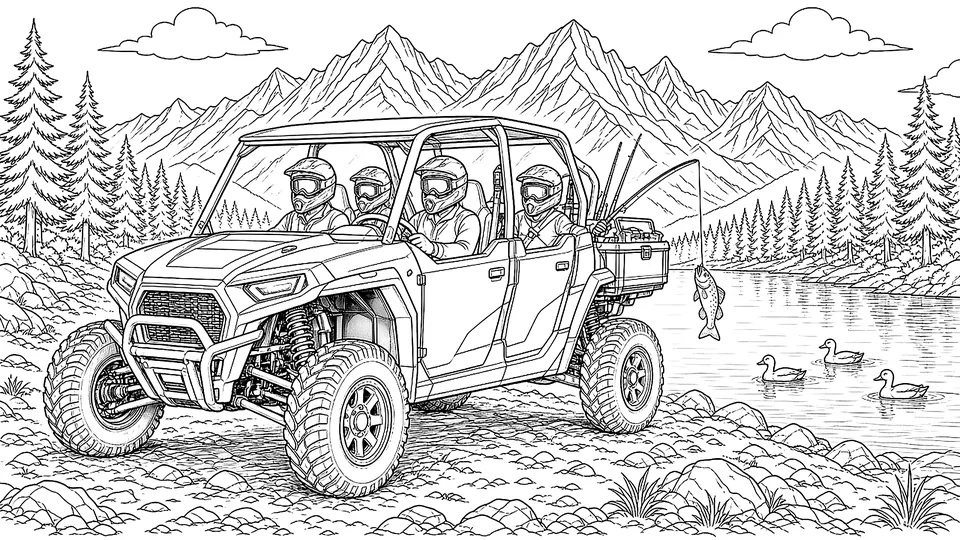 Sample page: a family four-seater parked by a mountain lake with ducks